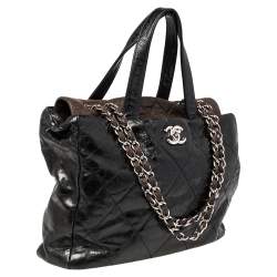 Pre Owned حقيبة يد توتس شانيل بورتوبيلو جلد متجعد وجلد قزحي مبطن أسود / بني