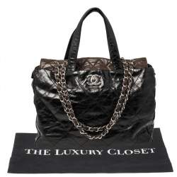 Pre Owned حقيبة يد توتس شانيل بورتوبيلو جلد متجعد وجلد قزحي مبطن أسود / بني