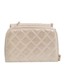 Pre Owned Chanel Grey Iridescent Quilted Leather CC Flap Wallet on Chain 