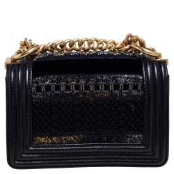 Pre Owned حقيبة يد شانيل بوي جلد وتويد سوداء ميني 