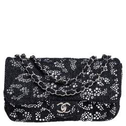 Chanel Black Crystal Embellished Tweed Jumbo Classic Single Flap