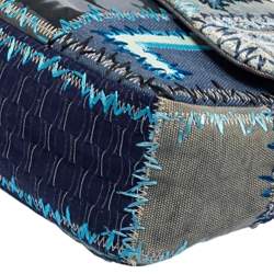 Pre Owned Chanel Blue Fabric/Canvas and Leather Patchwork Jumbo Classic Flap Bag