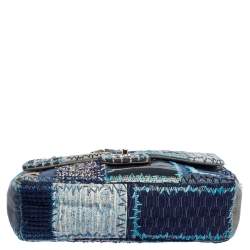 Pre Owned Chanel Blue Fabric/Canvas and Leather Patchwork Jumbo Classic Flap Bag
