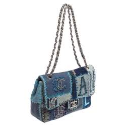 Pre Owned Chanel Blue Fabric/Canvas and Leather Patchwork Jumbo Classic Flap Bag