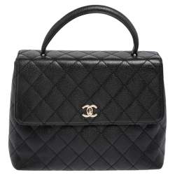 Pre Owned Chanel Black Quilted Caviar Leather CC Top Handle Bag