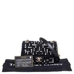 Pre Owned Chanel Black Faux Pearl Embellished Tweed Mini Cosmos Flap Bag 