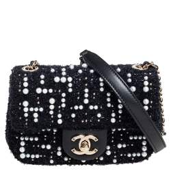 Chanel Black Faux Pearl Embellished Tweed Mini Cosmos Flap Bag Chanel