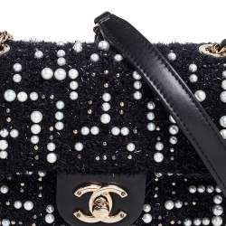 Pre Owned Chanel Black Faux Pearl Embellished Tweed Mini Cosmos Flap Bag 