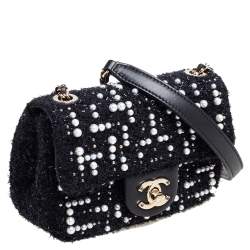 Pre Owned Chanel Black Faux Pearl Embellished Tweed Mini Cosmos Flap Bag 