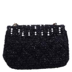 Pre Owned Chanel Black Faux Pearl Embellished Tweed Mini Cosmos Flap Bag 
