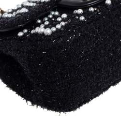 Pre Owned Chanel Black Faux Pearl Embellished Tweed Mini Cosmos Flap Bag 