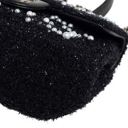 Pre Owned Chanel Black Faux Pearl Embellished Tweed Mini Cosmos Flap Bag 