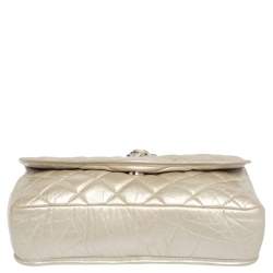 Pre Owned Chanel Metallic Cream Quilted Leather Logo Flap Bag
