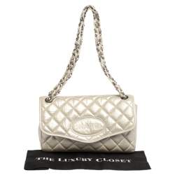 Pre Owned Chanel Metallic Cream Quilted Leather Logo Flap Bag