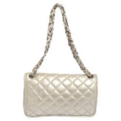 Pre Owned Chanel Metallic Cream Quilted Leather Logo Flap Bag