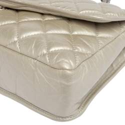 Pre Owned Chanel Metallic Cream Quilted Leather Logo Flap Bag