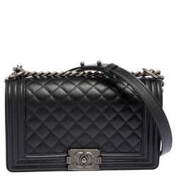 Pre Owned Chanel Black Quilted Caviar Leather Medium Boy Flap Bag