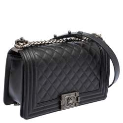 Pre Owned Chanel Black Quilted Caviar Leather Medium Boy Flap Bag