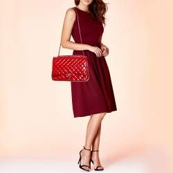 Pre Owned Chanel Red Quilted Patent Leather Maxi Classic Double Flap Bag