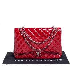 Pre Owned Chanel Red Quilted Patent Leather Maxi Classic Double Flap Bag