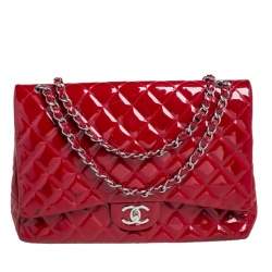 Pre Owned Chanel Red Quilted Patent Leather Maxi Classic Double Flap Bag