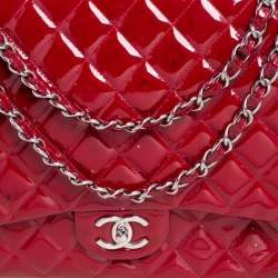 Pre Owned Chanel Red Quilted Patent Leather Maxi Classic Double Flap Bag