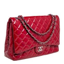 Pre Owned Chanel Red Quilted Patent Leather Maxi Classic Double Flap Bag