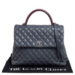 Pre Owned Chanel Grey/Burgundy Quilted Caviar Leather and Lizard Large Coco Top Handle Bag