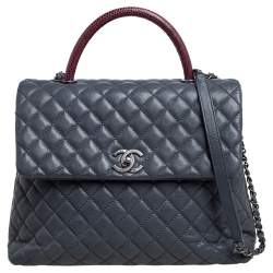 Pre Owned Chanel Grey/Burgundy Quilted Caviar Leather and Lizard Large Coco Top Handle Bag