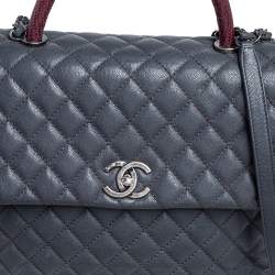 Pre Owned Chanel Grey/Burgundy Quilted Caviar Leather and Lizard Large Coco Top Handle Bag