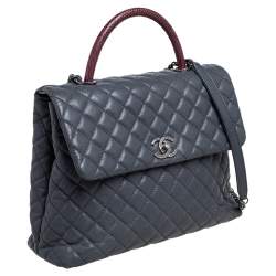 Pre Owned Chanel Grey/Burgundy Quilted Caviar Leather and Lizard Large Coco Top Handle Bag