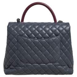 Pre Owned Chanel Grey/Burgundy Quilted Caviar Leather and Lizard Large Coco Top Handle Bag