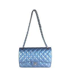 Chanel Blue Patent Leather Quilted Jumbo Classic Double Flap Bag