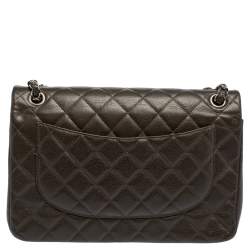 Pre Owned Chanel Dark Brown Quilted Caviar Leather Jumbo Classic Double Flap Bag