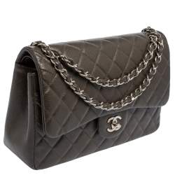Pre Owned Chanel Dark Brown Quilted Caviar Leather Jumbo Classic Double Flap Bag