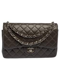 Pre Owned Chanel Dark Brown Quilted Caviar Leather Jumbo Classic Double Flap Bag