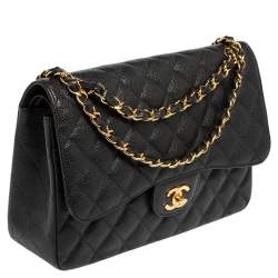 Pre Owned حقيبة يد شانيل كلاسيك جامبو جلد كافيار مبطن أسود بقلاب مزدوج 