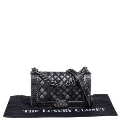 Chanel Black/Grey Quilted Leather Medium Boy Studded Flap Bag