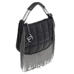 Pre Owned Chanel Black Quilted Leather Metal Chained Fringe Bag