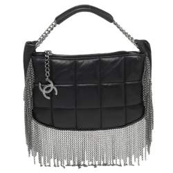 Pre Owned Chanel Black Quilted Leather Metal Chained Fringe Bag