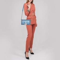 Pre Owned Chanel Blue Perforated Quilted Leather Medium Boy Flap Bag