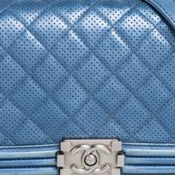 Pre Owned Chanel Blue Perforated Quilted Leather Medium Boy Flap Bag
