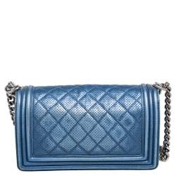 Pre Owned Chanel Blue Perforated Quilted Leather Medium Boy Flap Bag