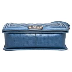 Pre Owned Chanel Blue Perforated Quilted Leather Medium Boy Flap Bag