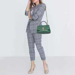 Pre Owned Chanel Green Chevron Quilted Caviar Leather and Lizard Small Coco Top Handle Bag