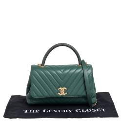 Pre Owned Chanel Green Chevron Quilted Caviar Leather and Lizard Small Coco Top Handle Bag
