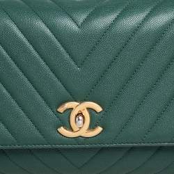 Pre Owned Chanel Green Chevron Quilted Caviar Leather and Lizard Small Coco Top Handle Bag