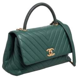 Pre Owned Chanel Green Chevron Quilted Caviar Leather and Lizard Small Coco Top Handle Bag