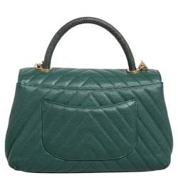 Pre Owned Chanel Green Chevron Quilted Caviar Leather and Lizard Small Coco Top Handle Bag