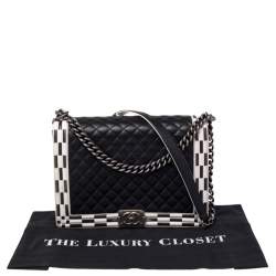 Chanel Black/White Quilted Leather Large Checkerboard Trim Boy Flap Bag